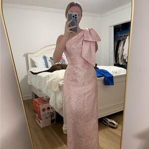 ALFRED SUNG Blush One-Shoulder Dessy Grouo Bridesmaid dress: Bow and Blossom